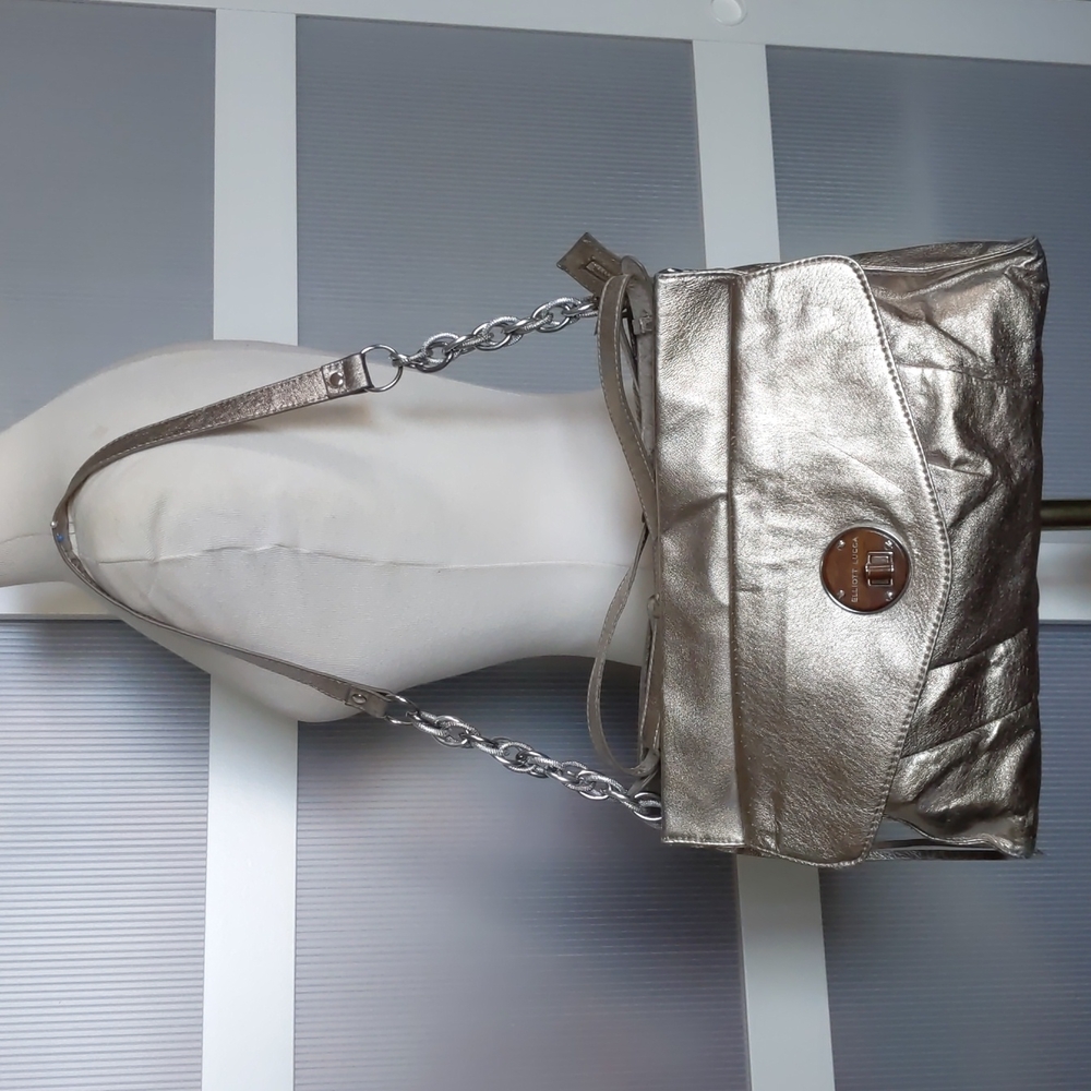 Elliott Lucca Metallic Pewter Pebbled Leather Large Hobo Shoulder HandBag Purse